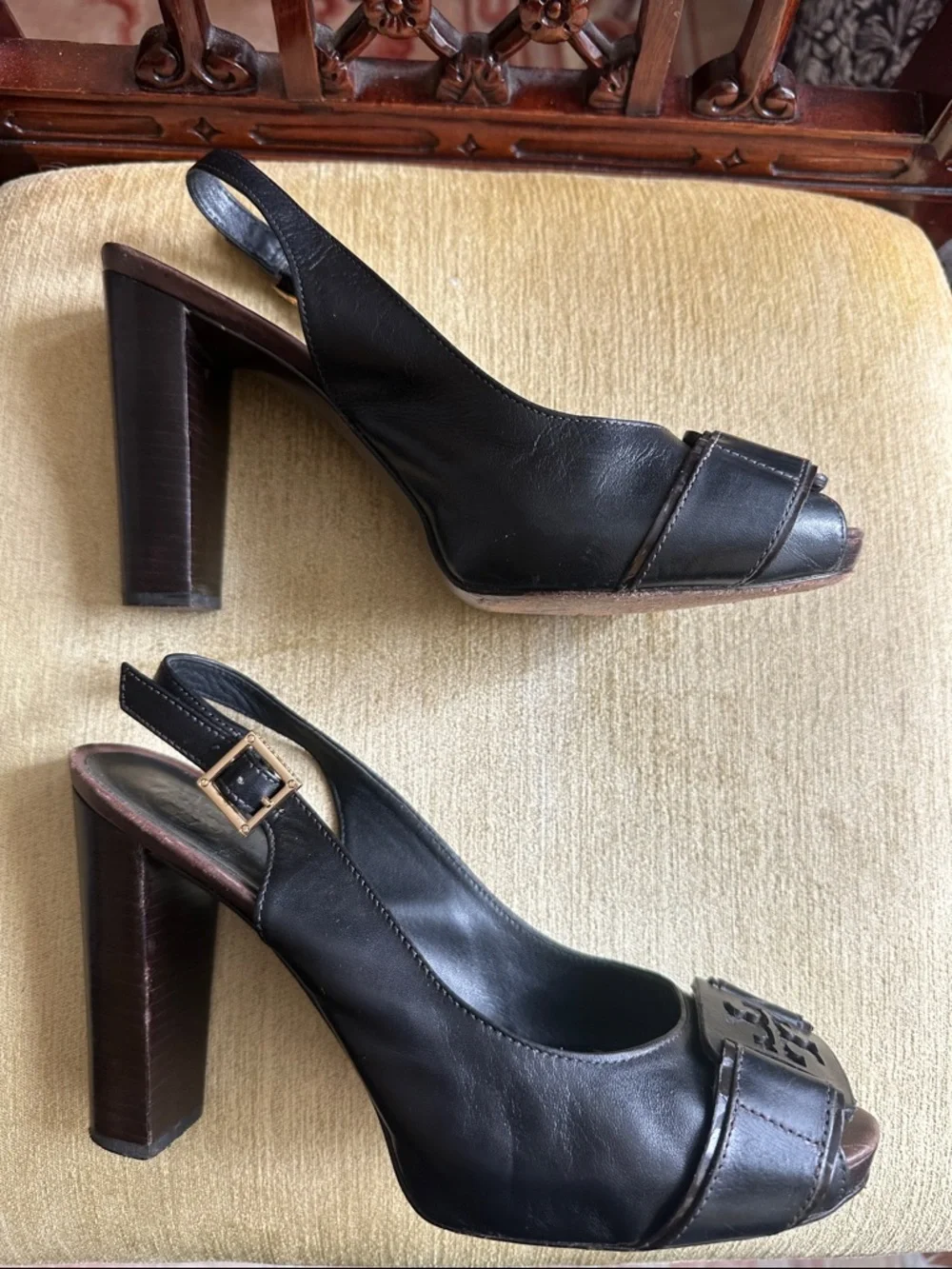 Tory Burch Black Leather Slingback Peep-Toe Heels with Buckle Detail Size 8.5